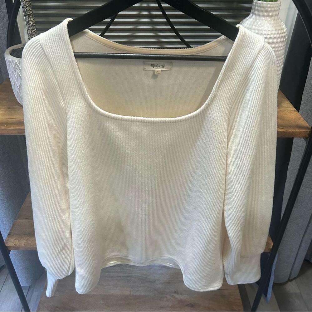 Madewell Ribbed Square Neck Knit Top with puff sleeves In Cream Womens large